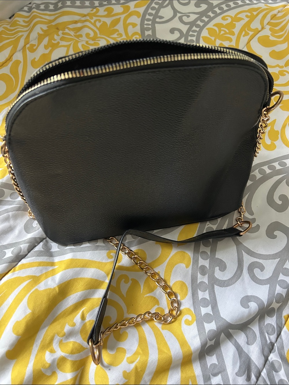 Black Leather Crossbody Bag with Gold Chain Strap